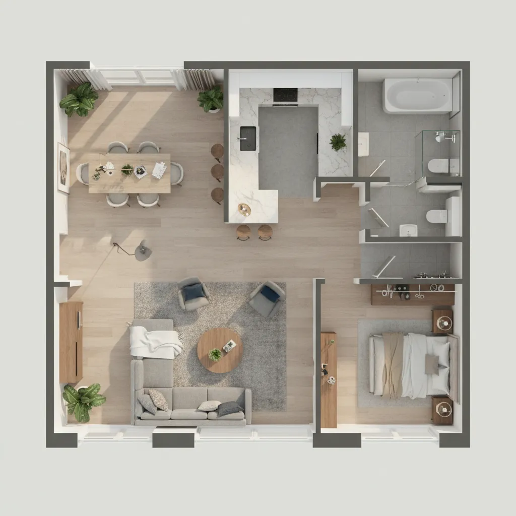 Modern apartment room layout with living room kitchen bedroom and bathroom in top down view