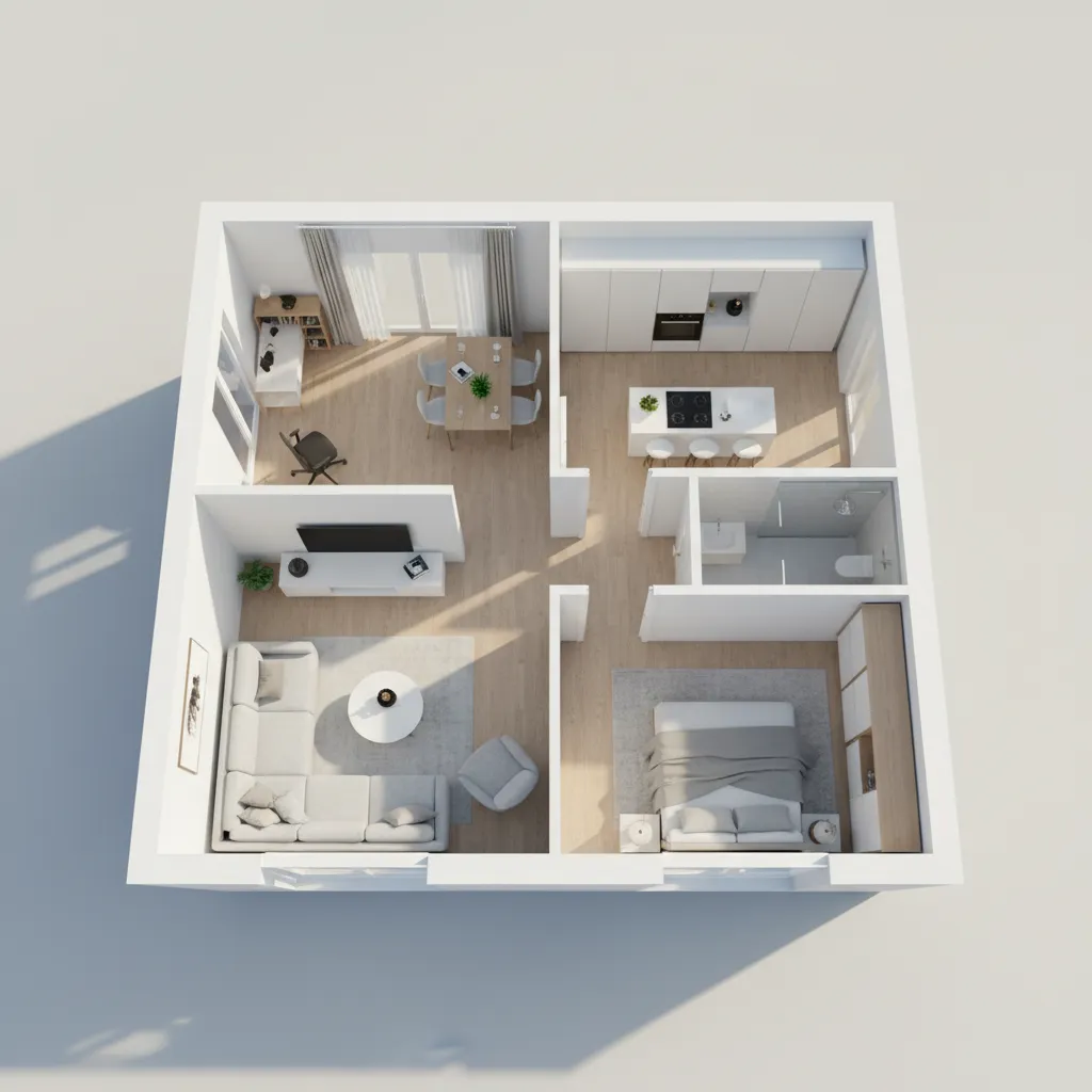 Visualización 3D de plano de casa pequeña antes de construir