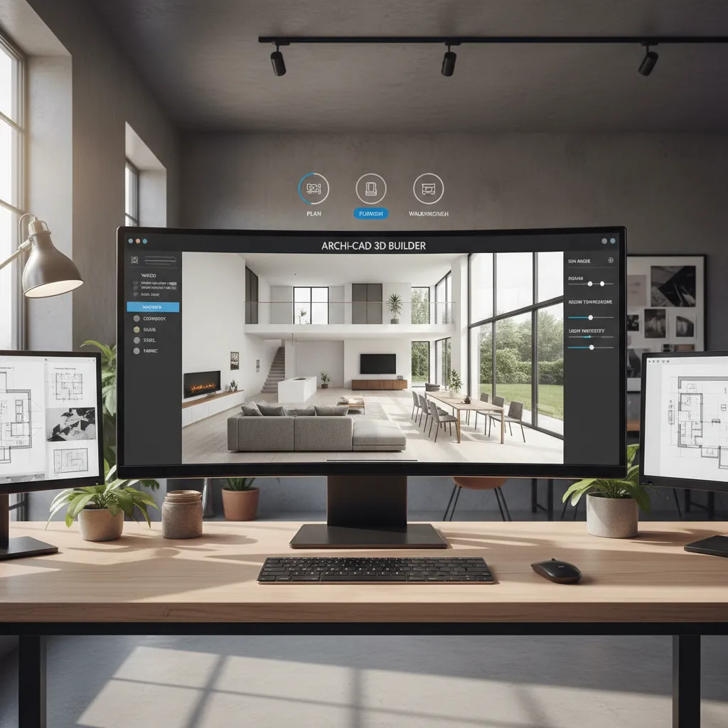 Visualización 3D de un plano de casa en pantalla de ordenador