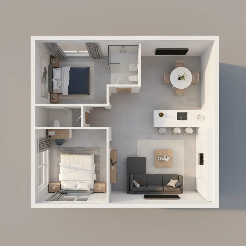 Visualización 3D de un plano de casa pequeña