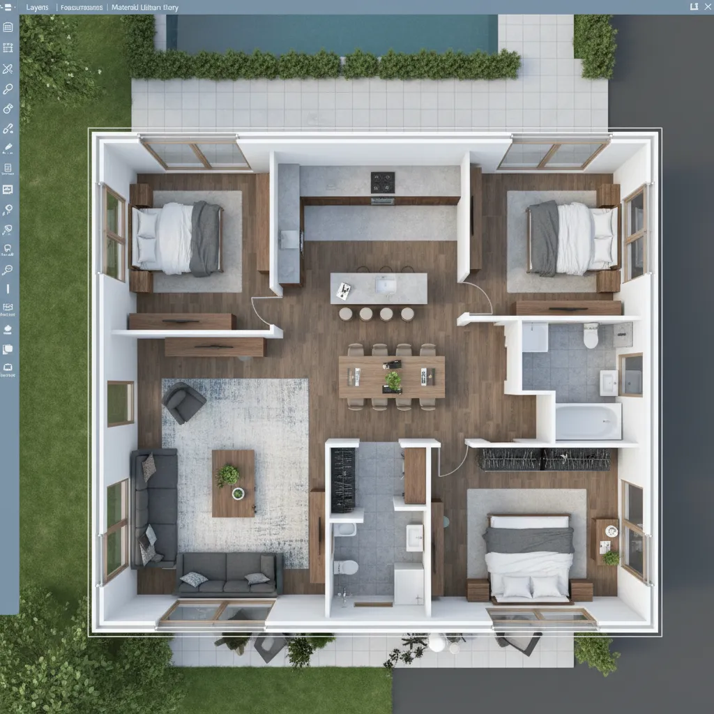 Visualización 3D de un plano de casa de una planta en software de diseño