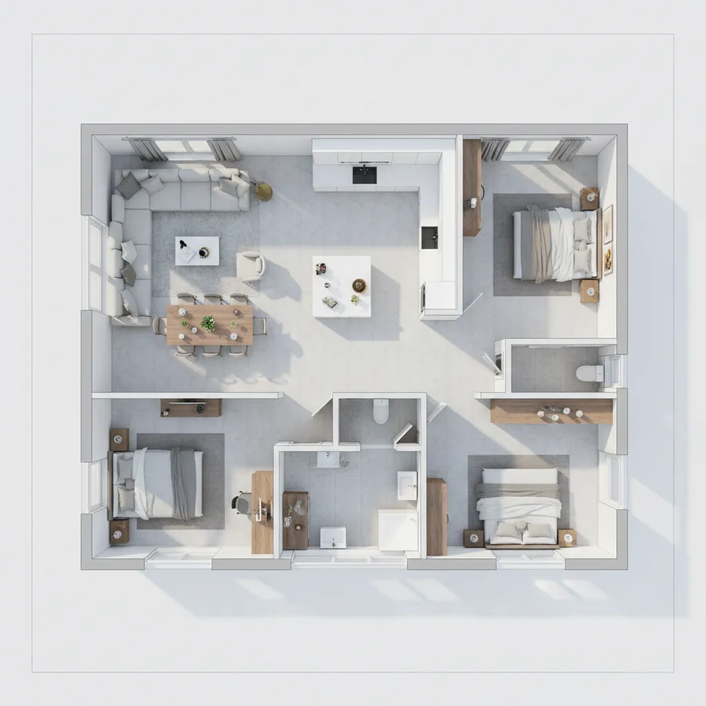 Visualización 3D de plano de casa con distribución interior