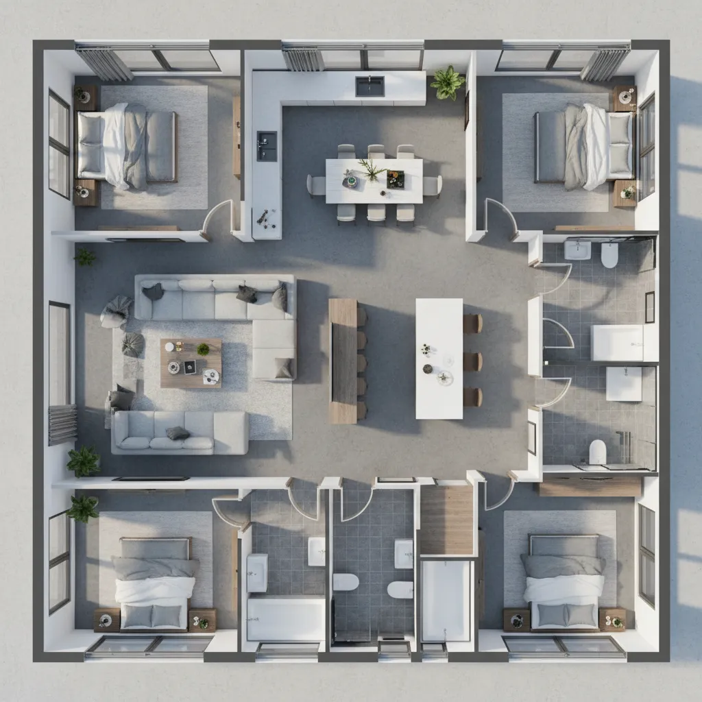Top view interior design drawing of four bedroom house with living room kitchen and bathrooms