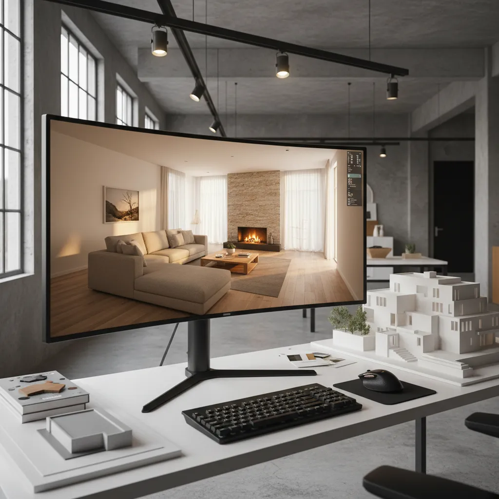 Pantalla mostrando visualización 3D de una vivienda diseñada