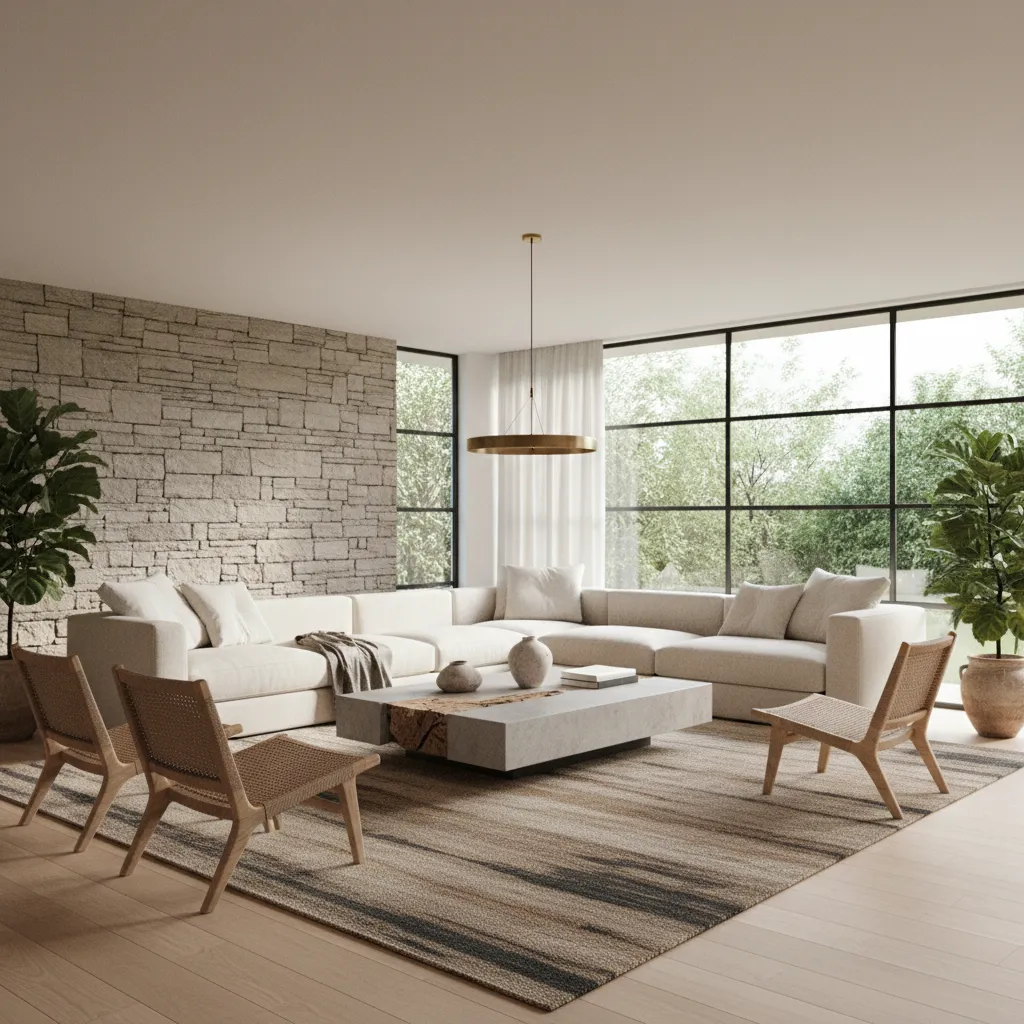 Minimalist living room with stone wall beige sofa wooden chairs large windows and ceiling light
