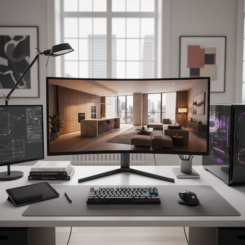 Pantalla mostrando visualización 3D de un apartamento moderno