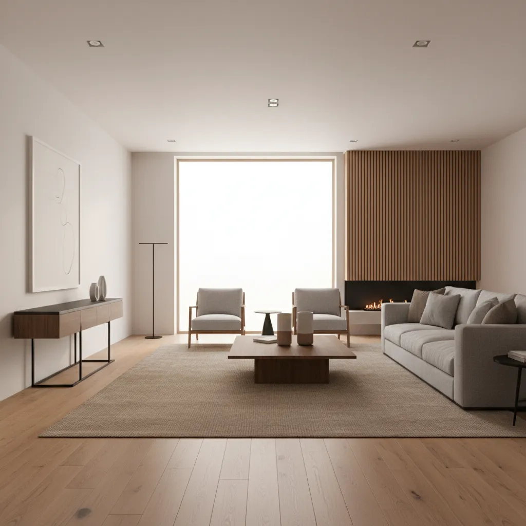 Modern living room with grey sofa wooden coffee table large window and decorative wall panel