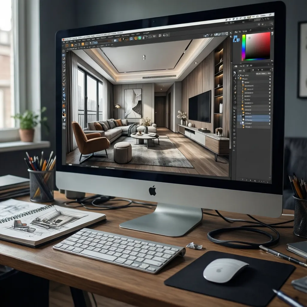 Pantalla de ordenador mostrando visualización 3D de un proyecto de interiorismo