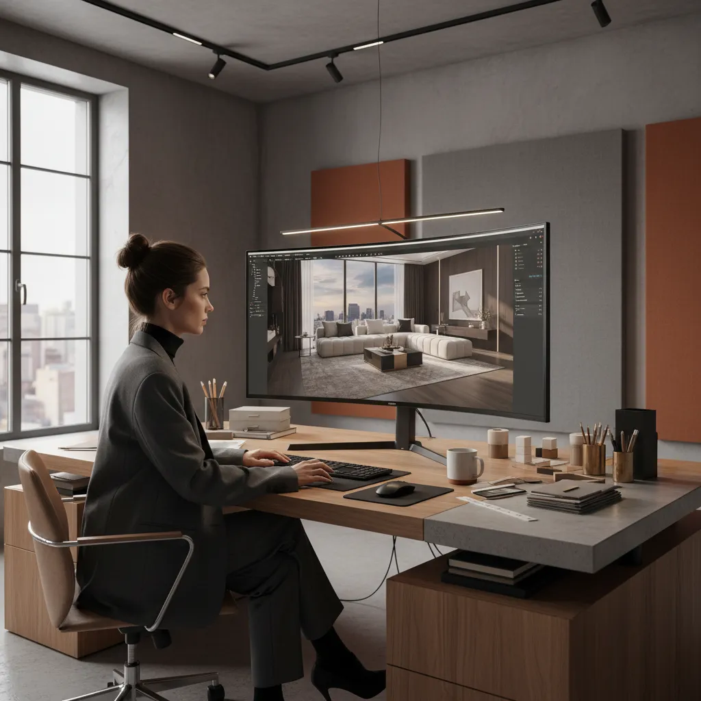 Diseñador de interiores trabajando con visualización 3D de un salón