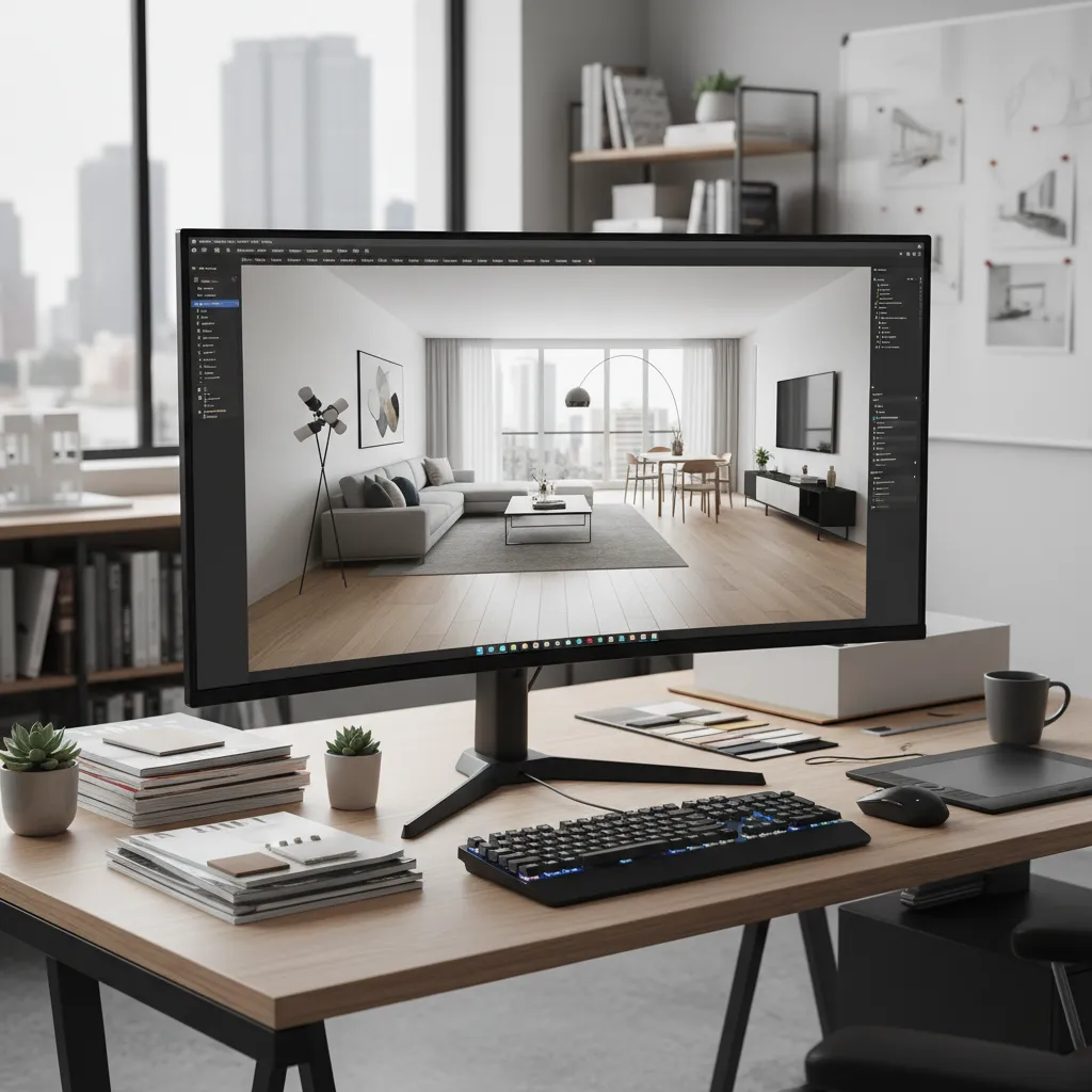 Pantalla mostrando visualización 3D de un proyecto de interiorismo