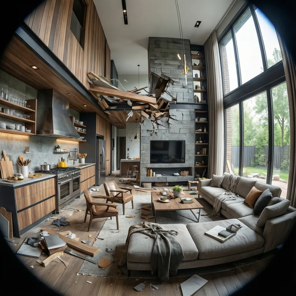 Visualización 3D de reforma de vivienda con cocina y salón abiertos