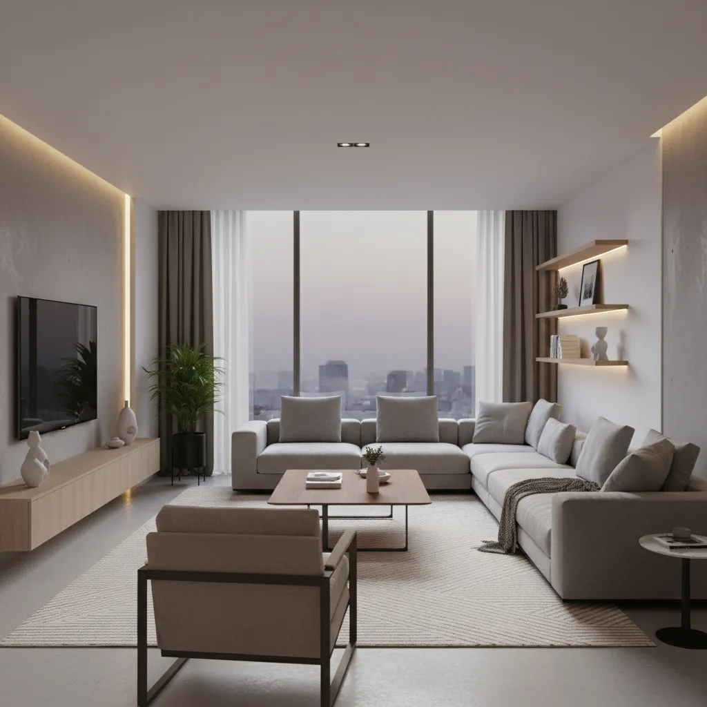 visualización 3D de un salón creada con una aplicación de diseño de interiores