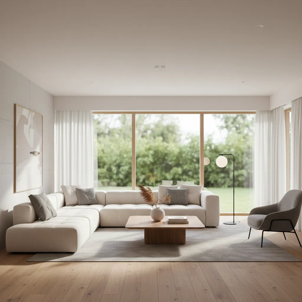 Visualización 3D realista de un salón moderno generado con software de diseño