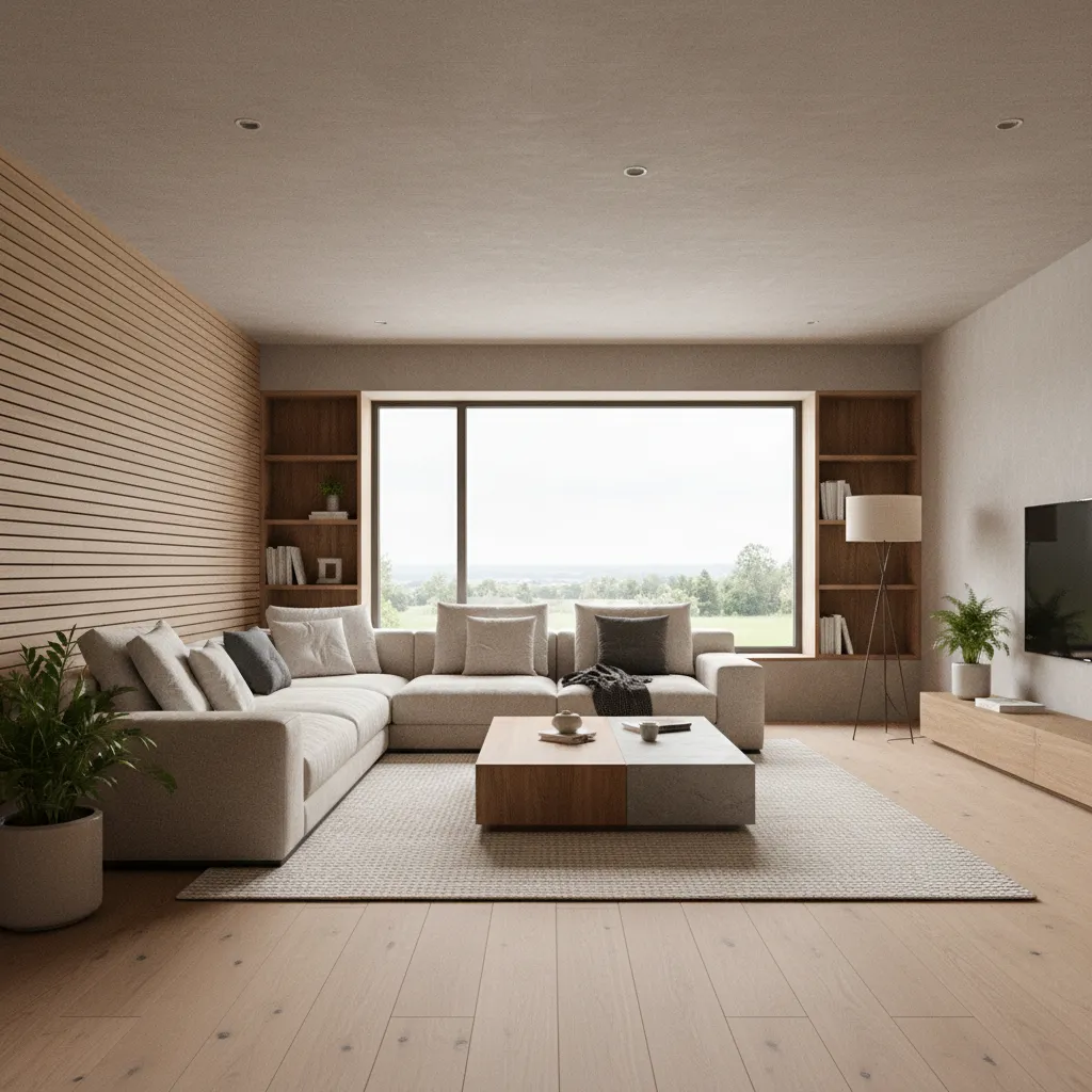 Modern living room with beige sofa wood wall panel large window coffee table and plants
