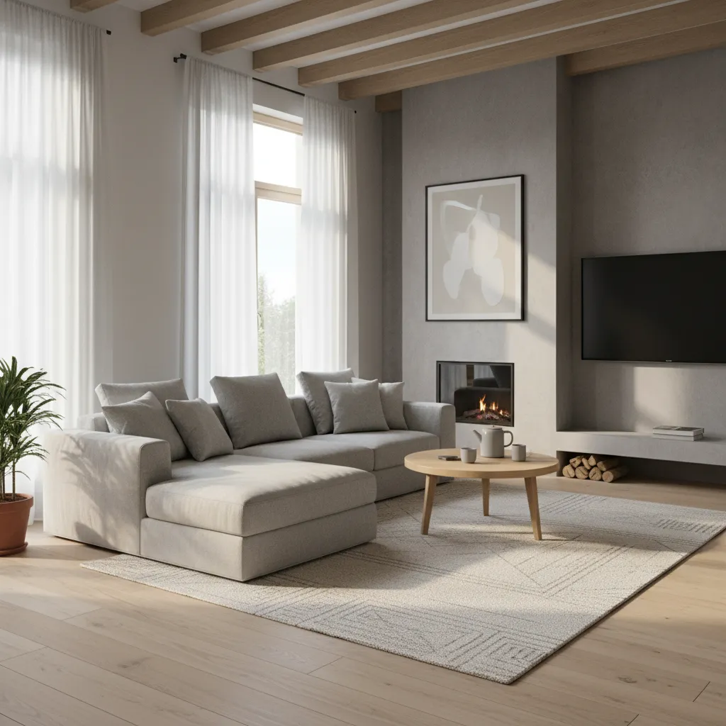 Render 3D de un salón moderno generado con software de diseño