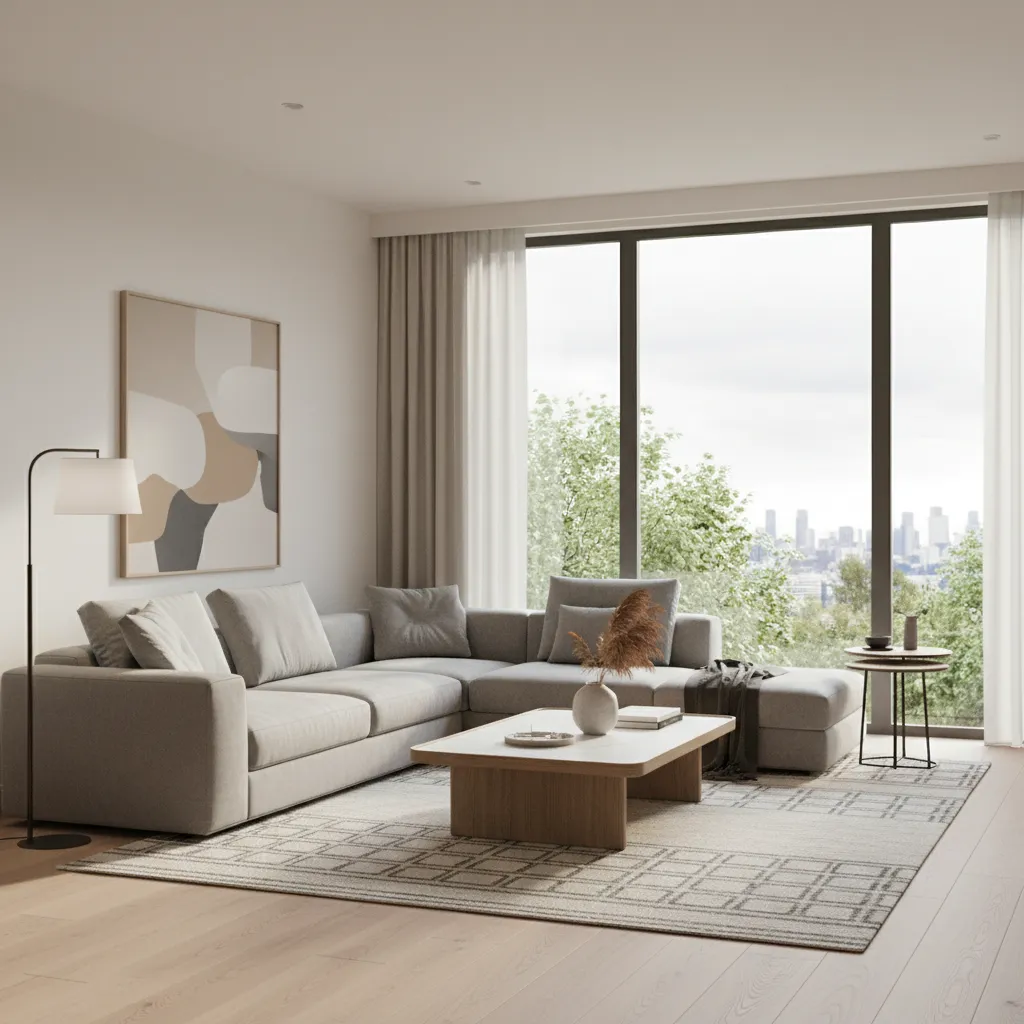Visualización 3D de un salón moderno generado con software de diseño