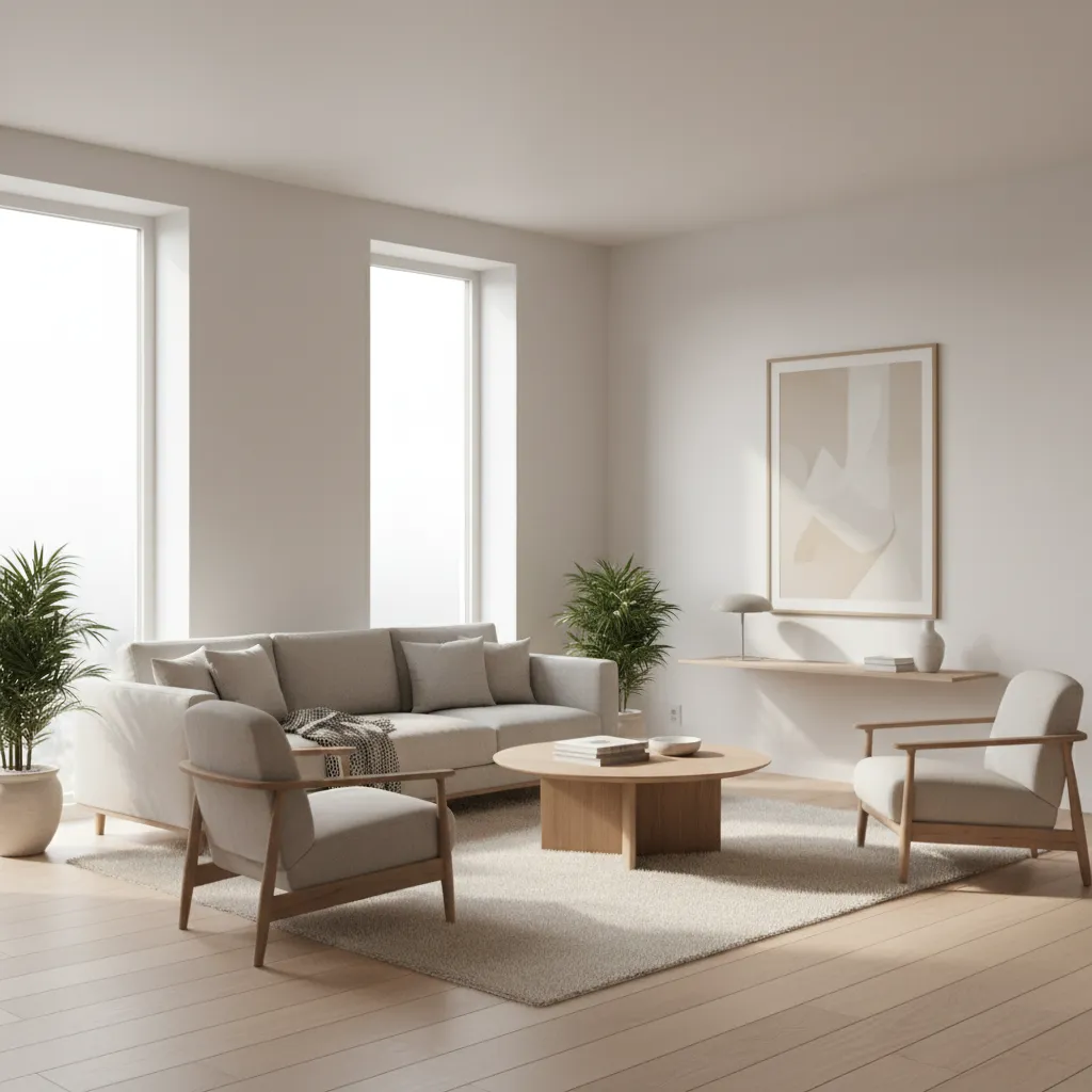 Visualización 3D realista de un salón moderno con muebles minimalistas