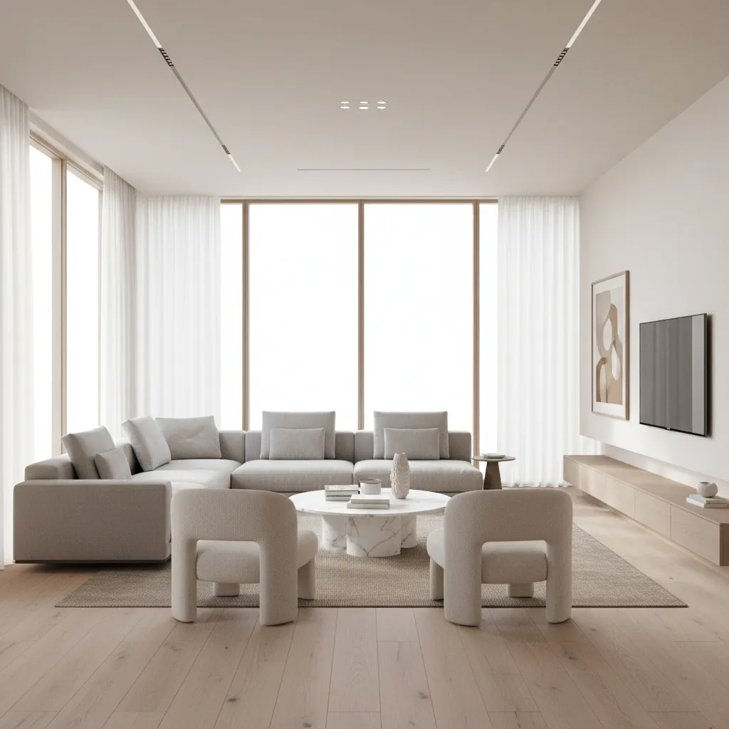 Render 3D de un salón moderno mostrando iluminación natural y mobiliario contemporáneo