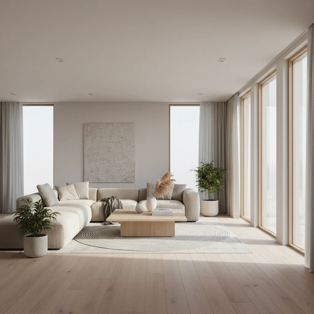 Bright minimalist living room with beige sofa wooden coffee table large windows and potted plants