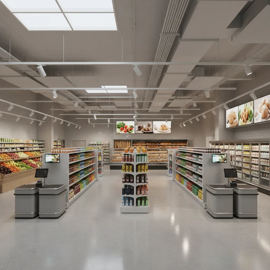 Supermarket interior design drawing showing checkout counters shelves produce section and bright ceiling lights in perspective