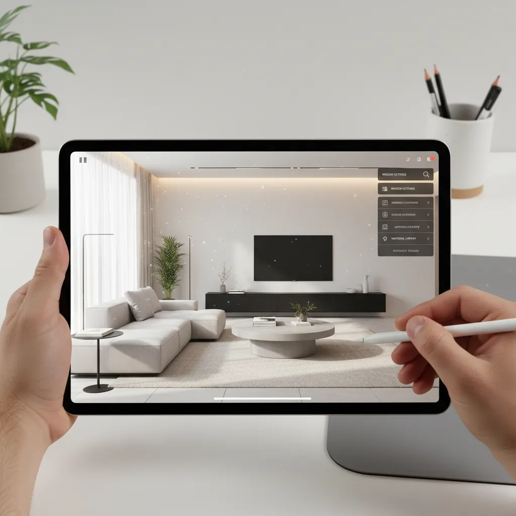 Visualización de un salón en 3D en la pantalla de una tablet