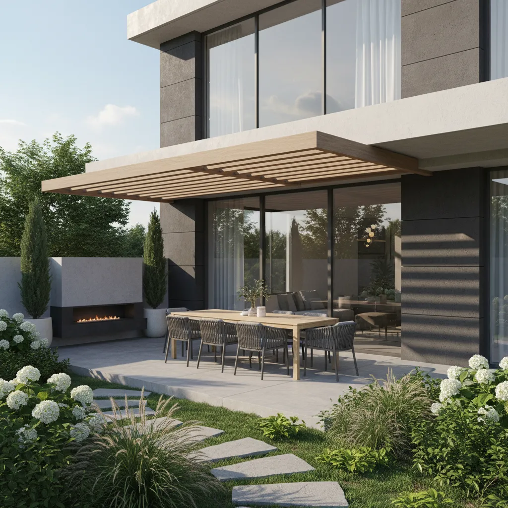 visualización 3D de terraza conectada con jardín