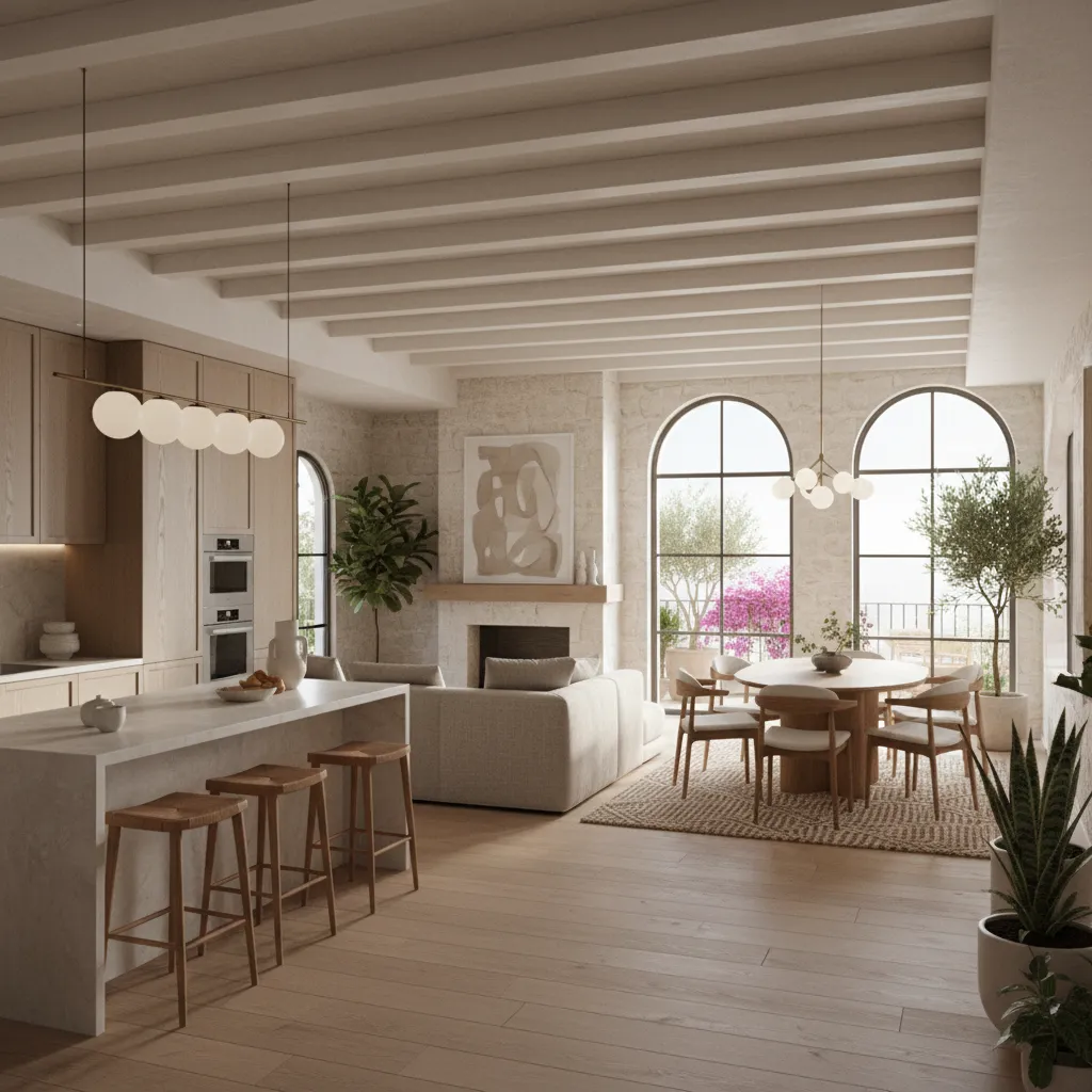 Visualización 3D de un apartamento moderno con cocina abierta y salón amplio
