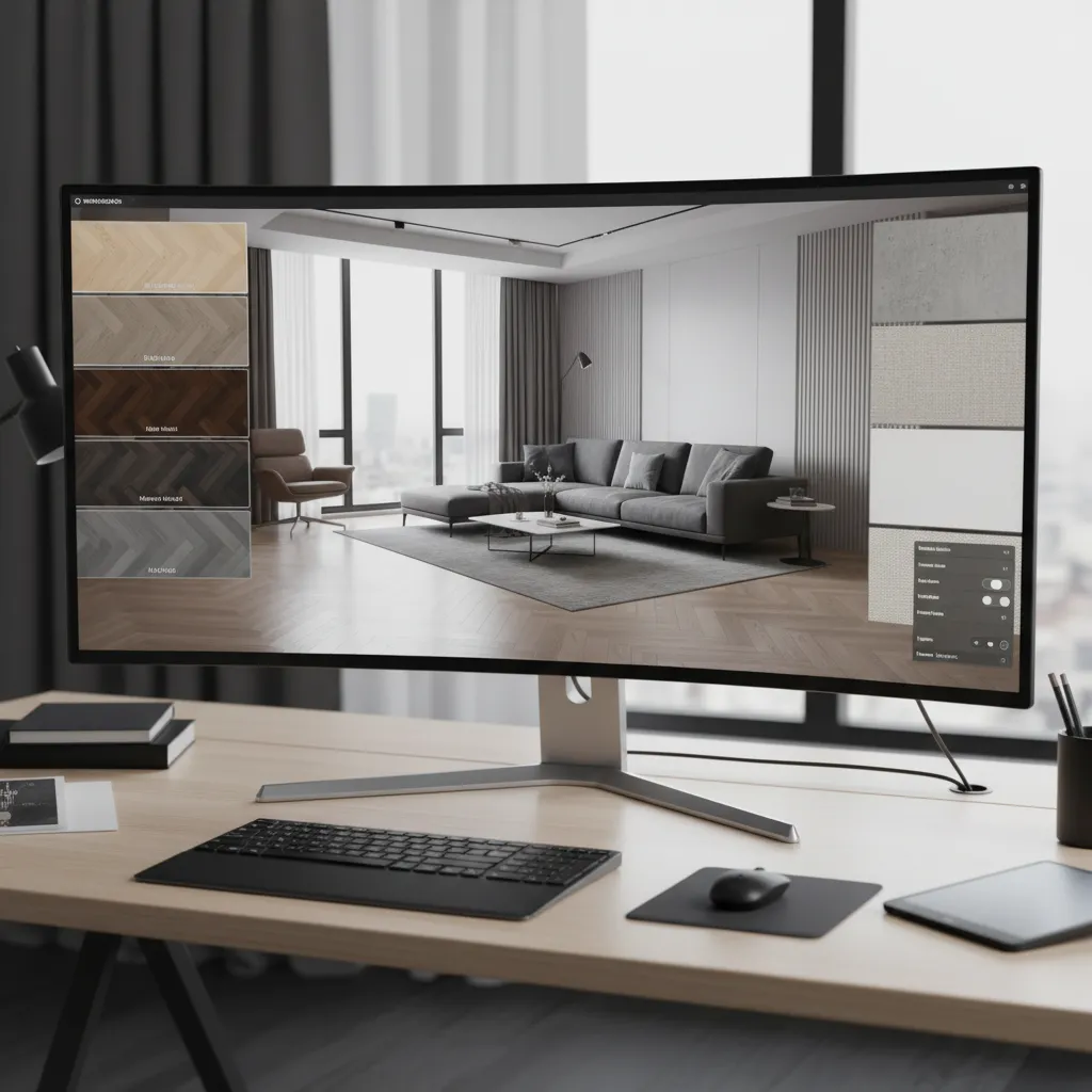 Render 3D de un interior probando diferentes materiales y acabados