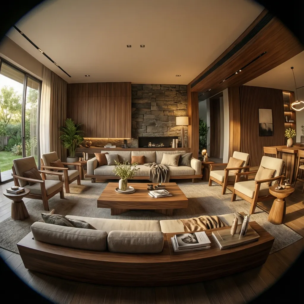 Render 3D de un interior mostrando iluminación y materiales realistas