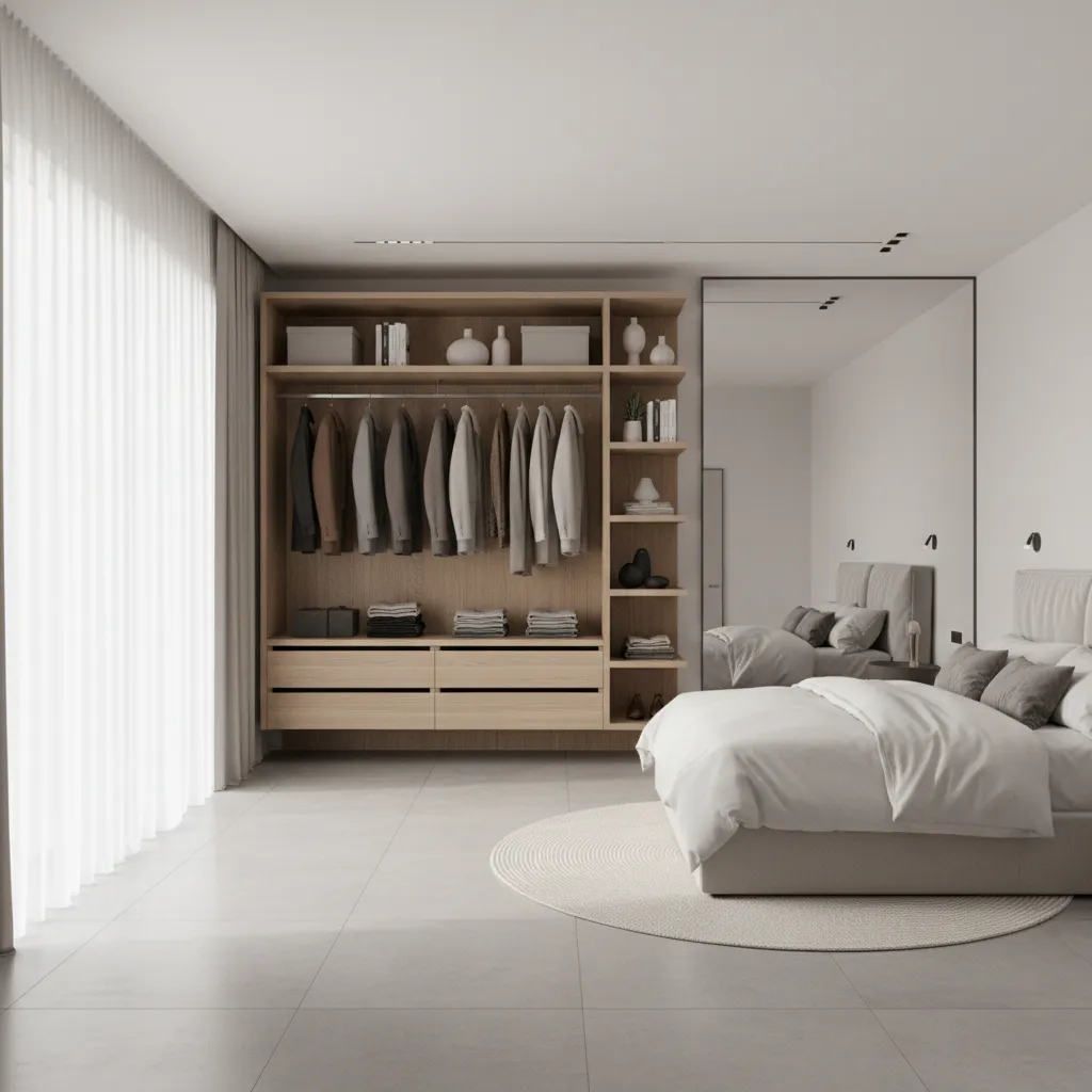 Modern bedroom with large wood cabinet, white bed, round rug, large mirror, and natural light
