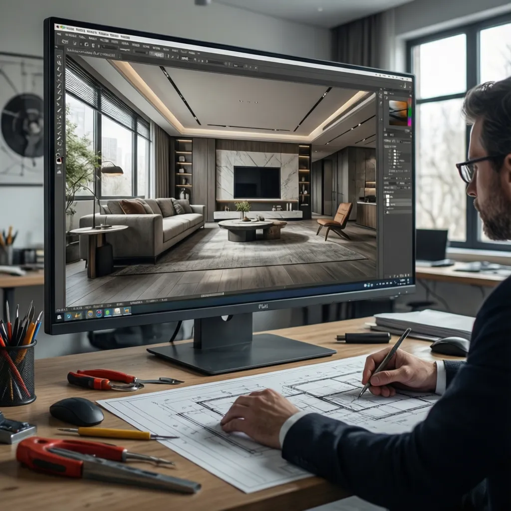 Arquitecto analizando render interior en pantalla