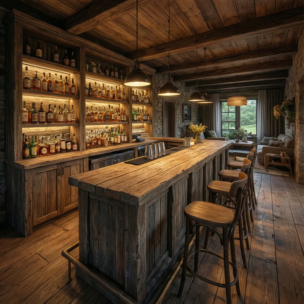 Rustic home bar with a wooden counter, high stools, bottle shelves, and hanging ceiling lights