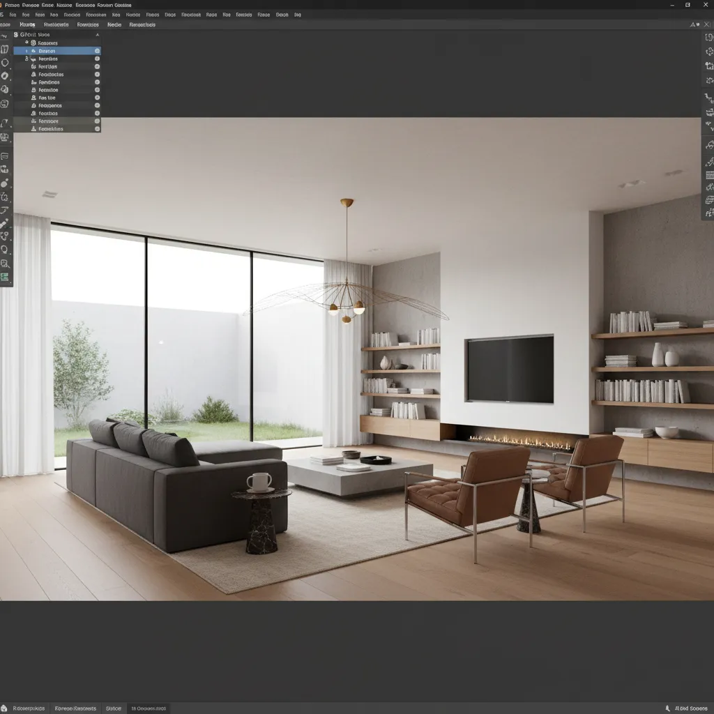 Modern living room with grey sofa brown chairs wooden floor large windows and ceiling light