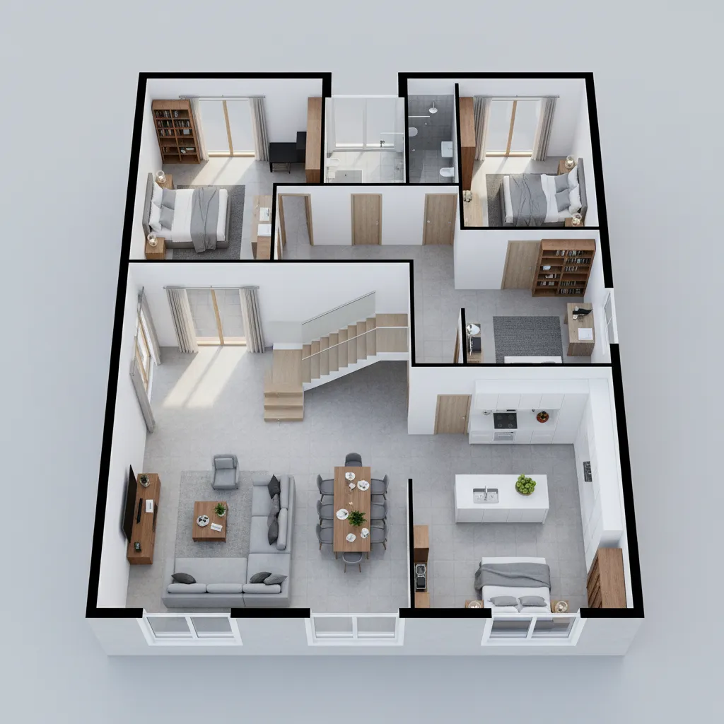 Modelo completo de casa en 3D visto desde un simulador de diseño