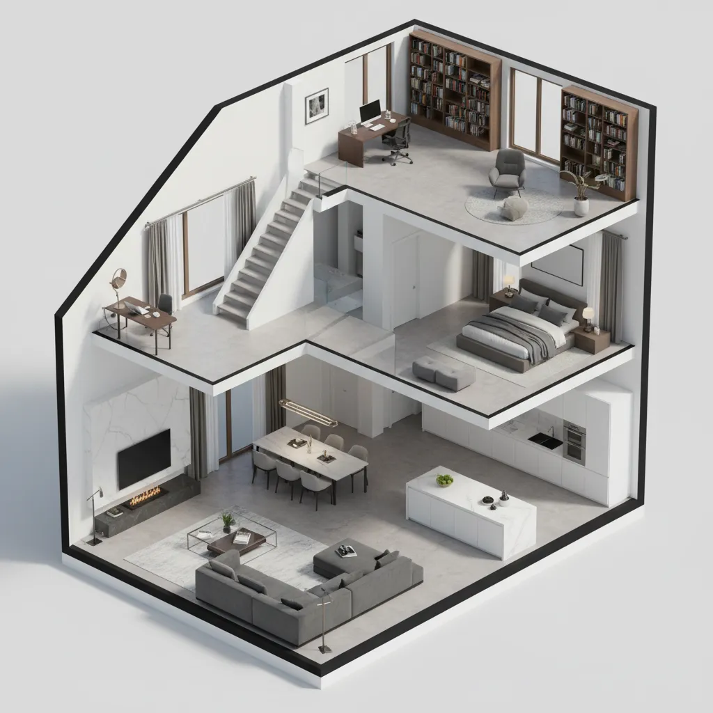 Modern interior design drawing showing a house layout with living room kitchen bedroom and office