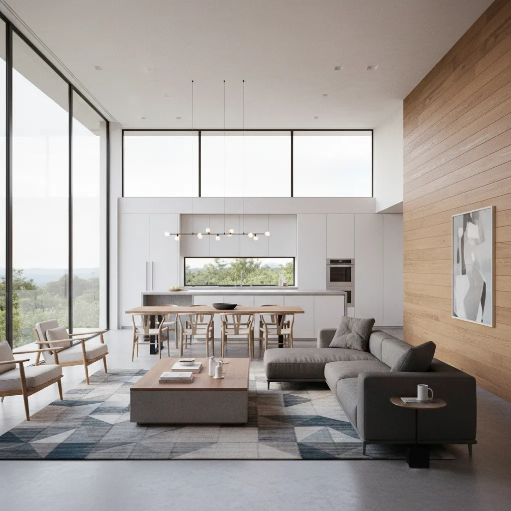 Interior de casa moderna visualizado en 3D con muebles y luz natural