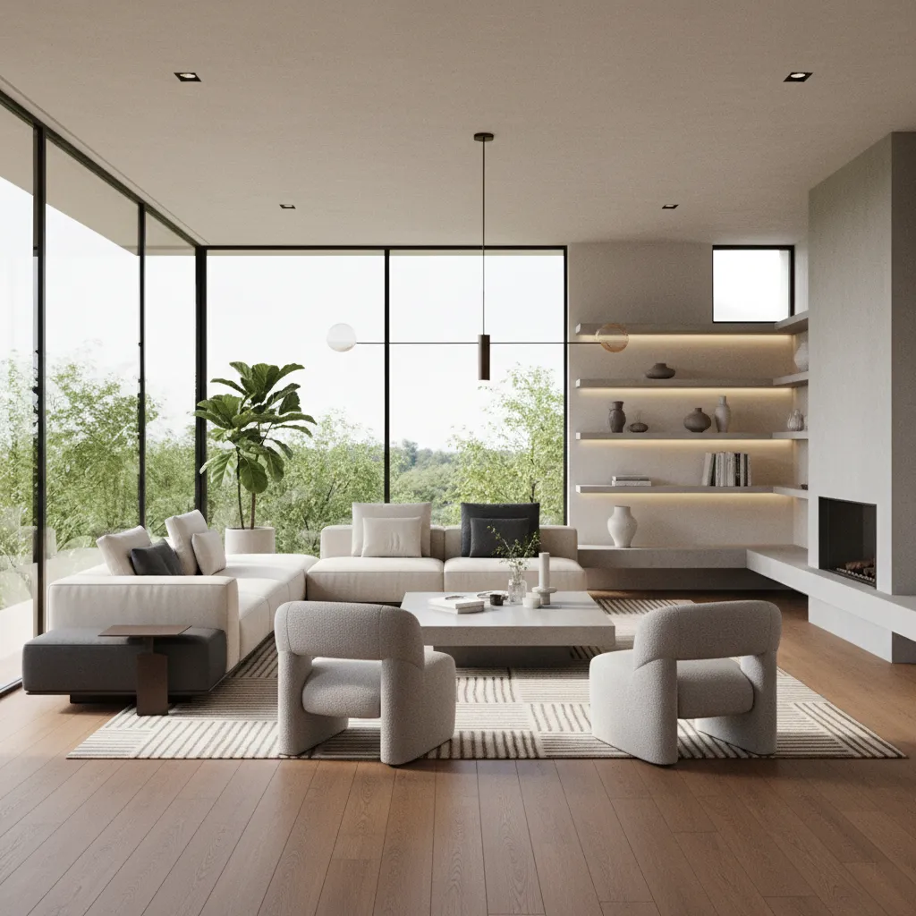Modern living room with cream sofa two chairs large windows wooden floor and ceiling light