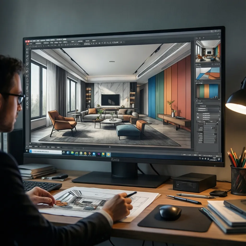 Visualización 3D de un espacio interior probando diferentes colores