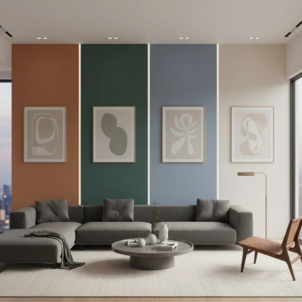 Render interior mostrando pruebas de colores en un salón moderno