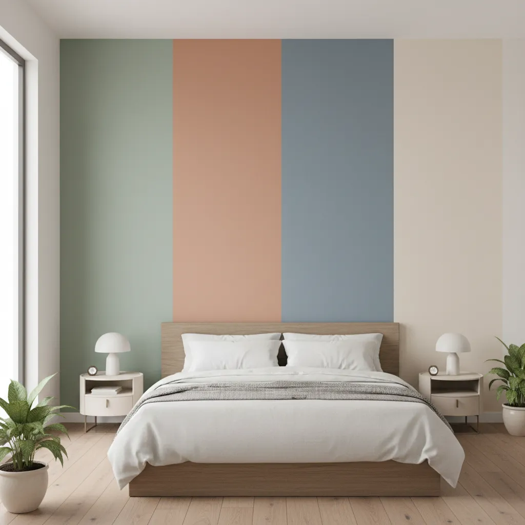 Modern bedroom with four different wall paint color samples displayed behind a wooden bed frame