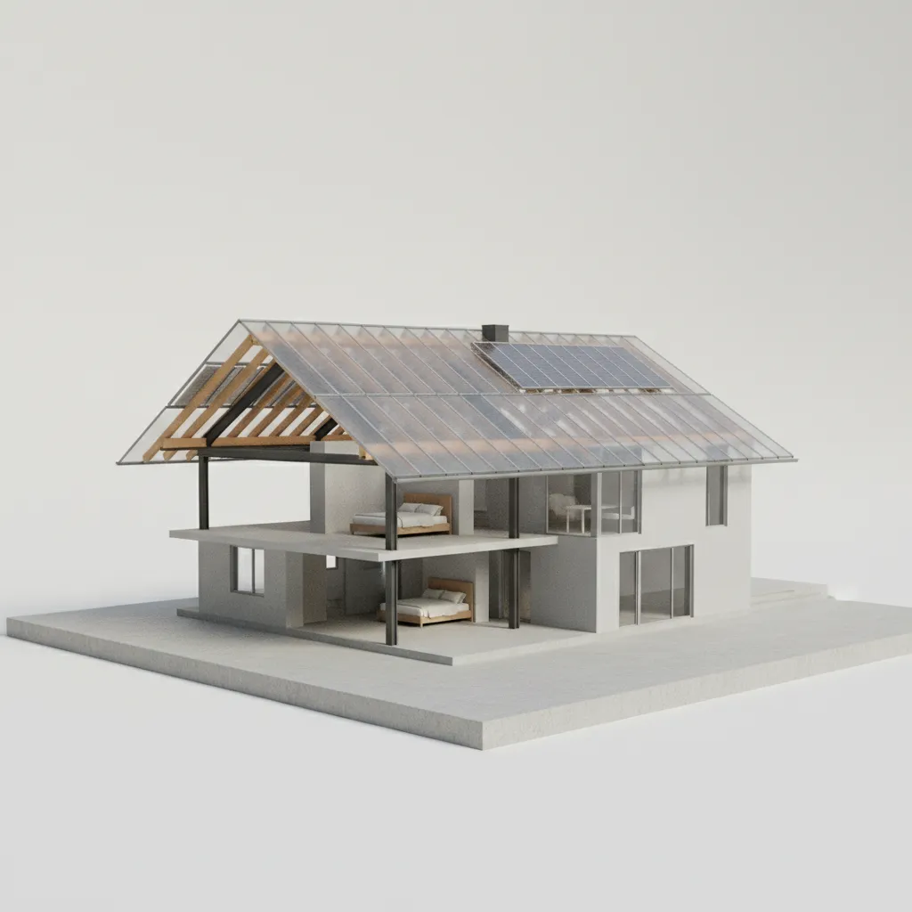 Modelo 3D de una casa mostrando el diseño de la cubierta