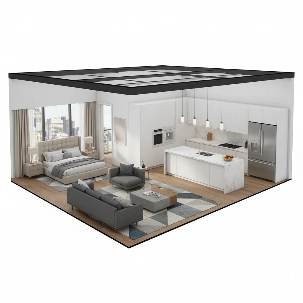Modelo 3D de una vivienda mostrando distribución interior
