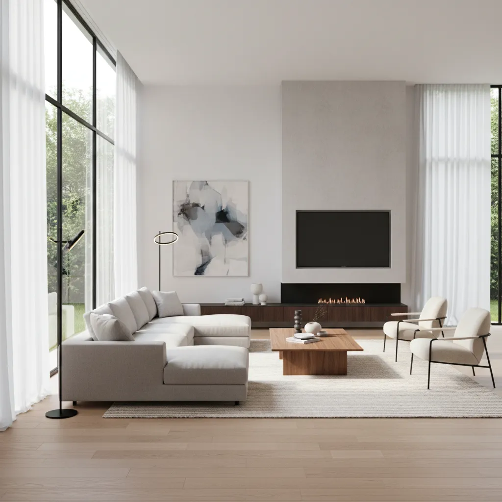 Modern living room interior design drawing with grey sofa wooden floor fireplace and bright windows