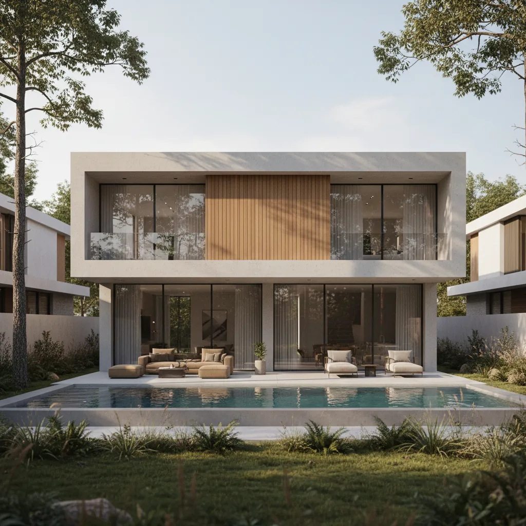 Visualización 3D de una casa moderna de dos pisos antes de construcción