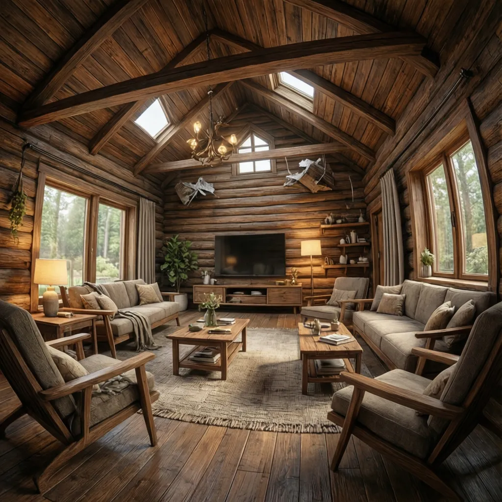 Visualización 3D de diseño interior de una casa de madera