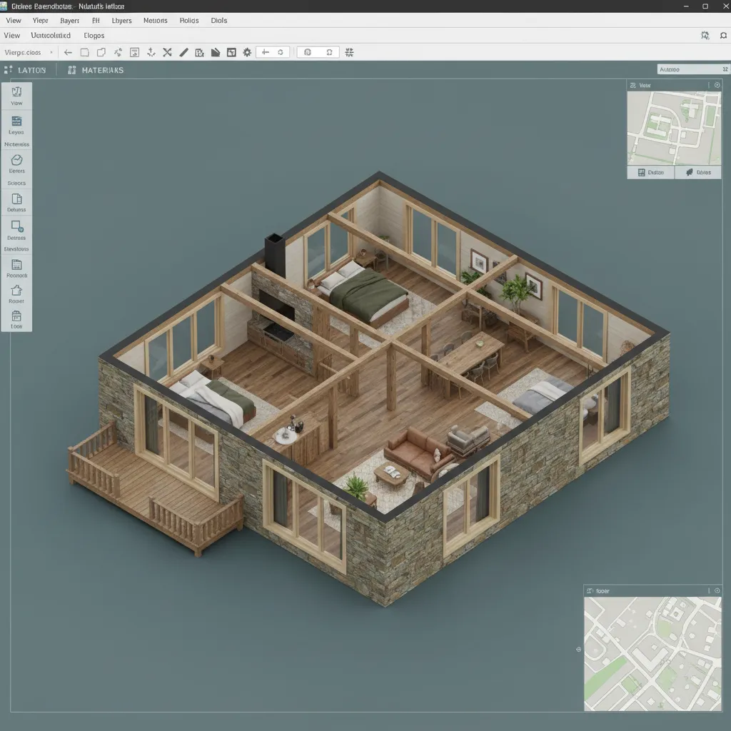 Visualización 3D de distribución interior de casa prefabricada