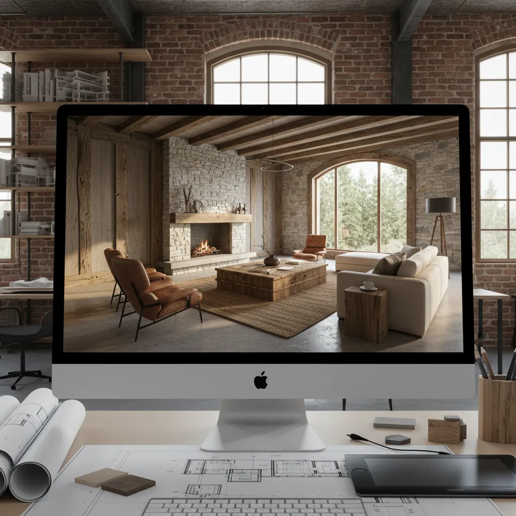Visualización digital de diseño interior para reforma de casa rural