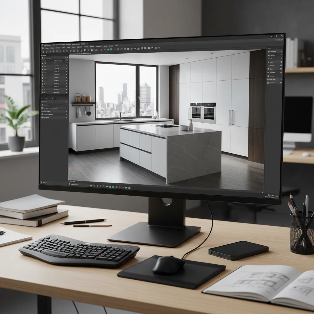 Visualización 3D de diseño de cocina moderna