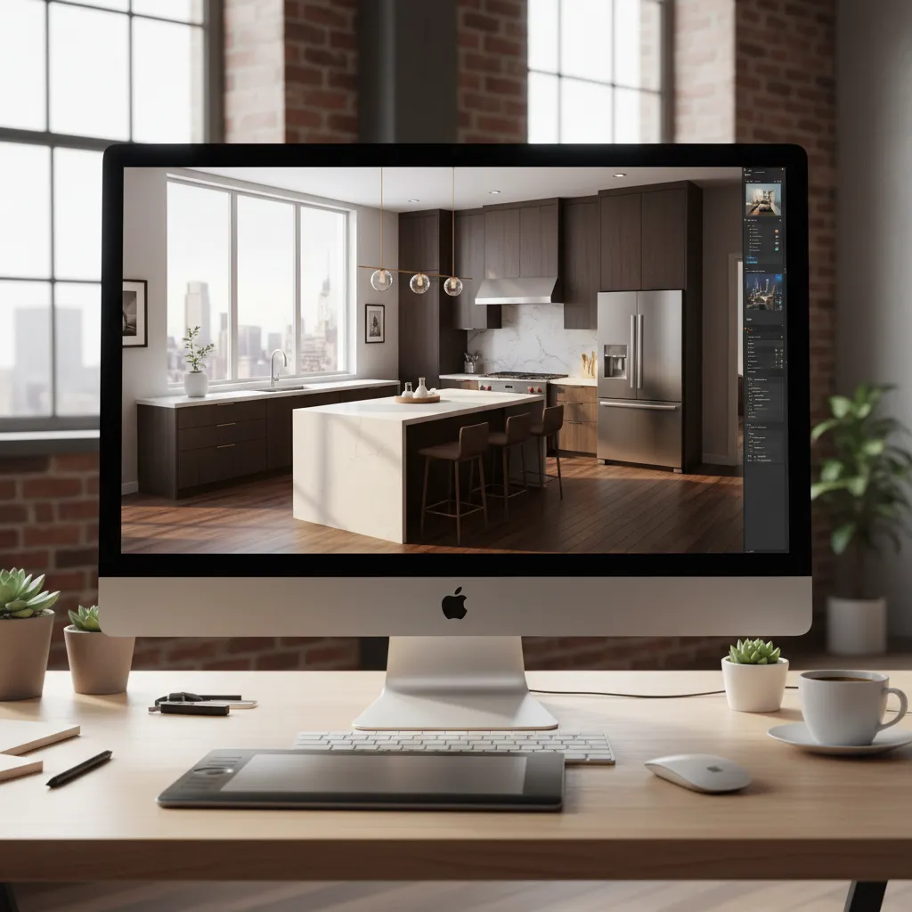 Visualización 3D de diseño de cocina moderna en ordenador