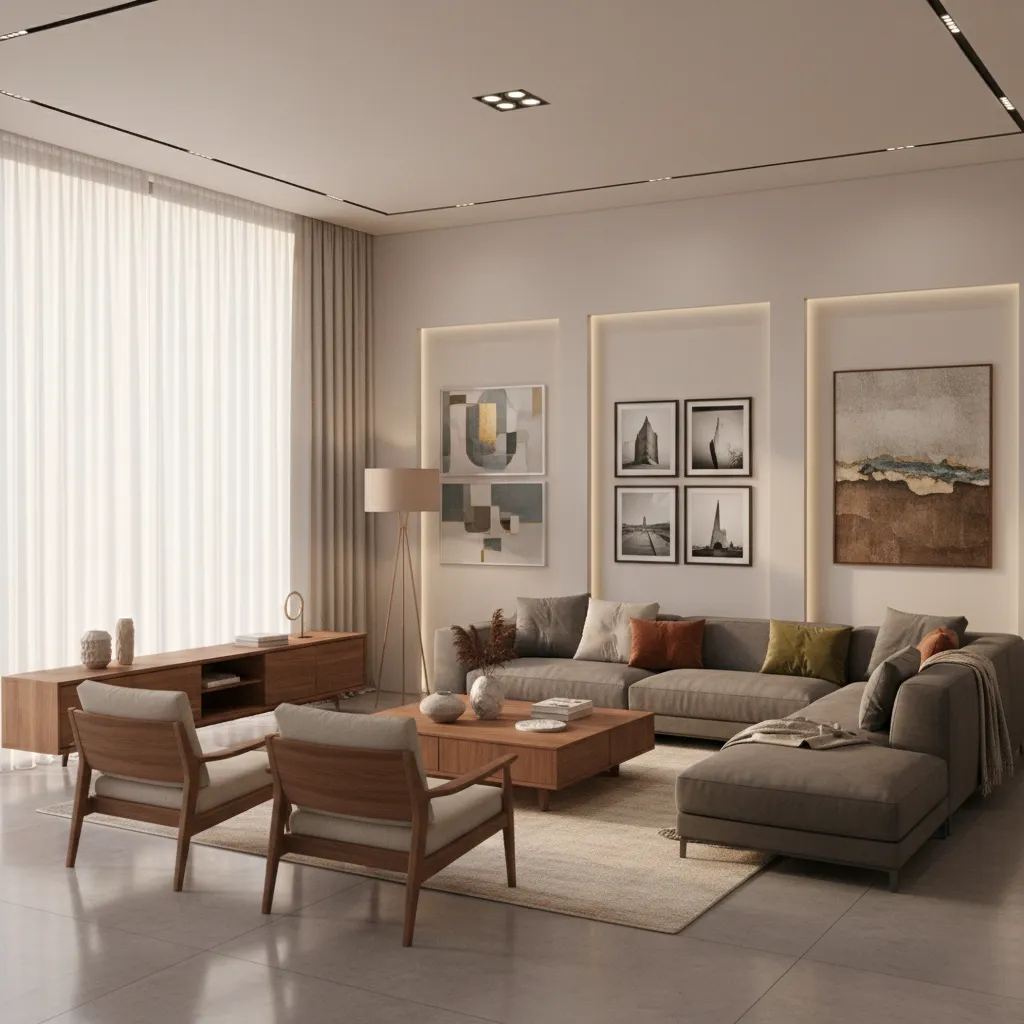 Visualización 3D de salón con muebles de nogal y diferentes cuadros en la pared